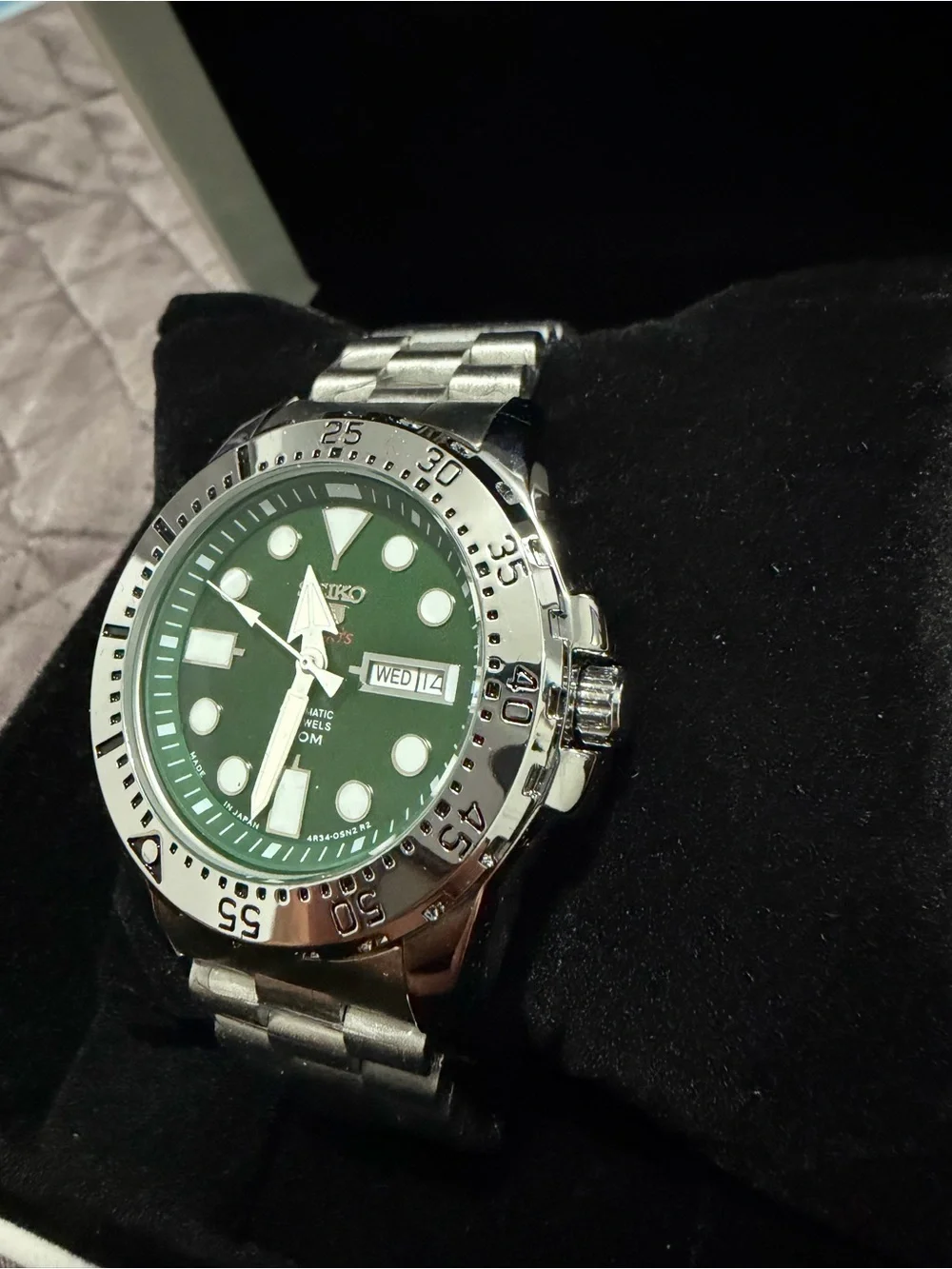 Seiko Stainless Steel Watch with Green Dial and Silver Bezel